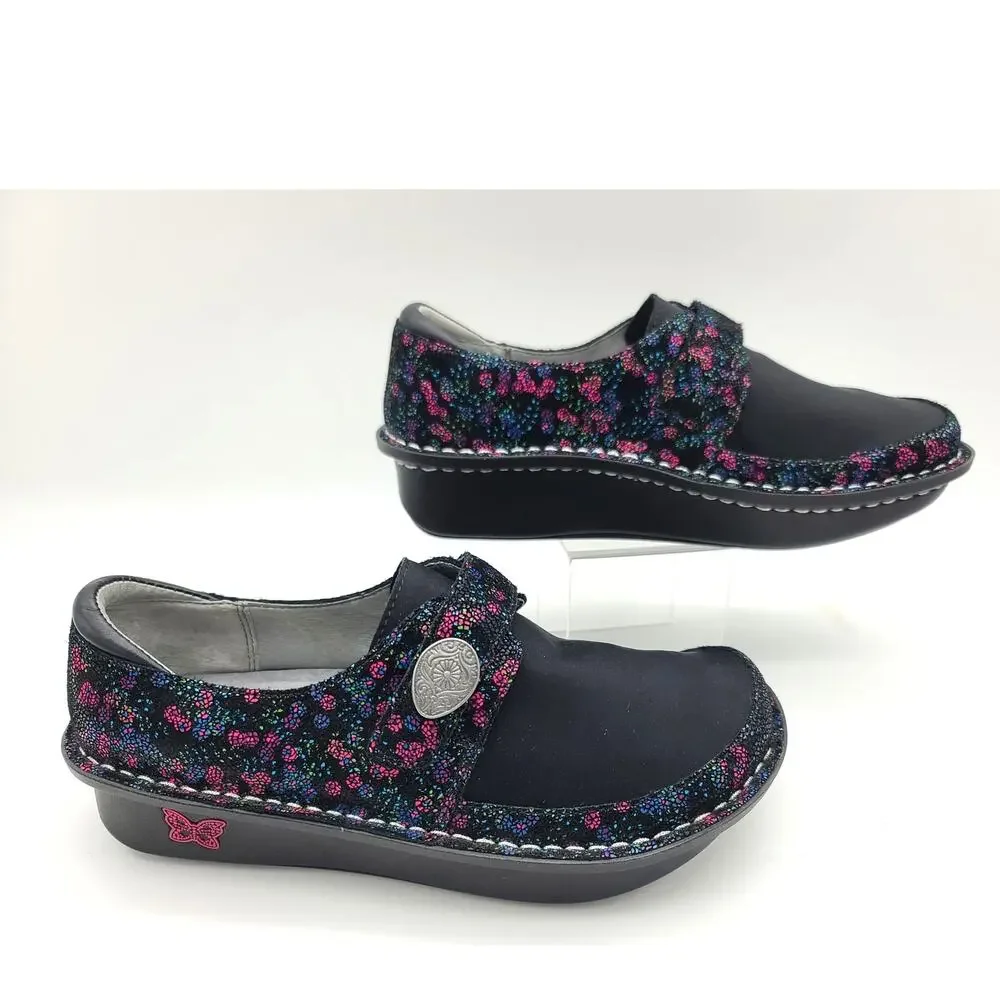 Alegria Dena Sweetums Women 37 US 7-7.5 Dream Fit Black Floral Slip-on Shoes